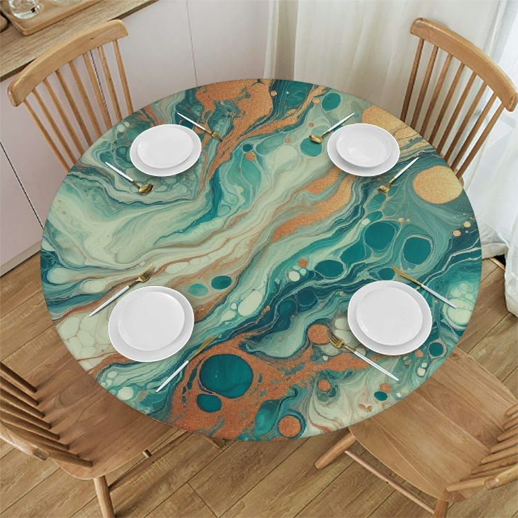 PIKWEEK Marble Blue Texture Round Fitted Tablecloth Elastic Edge