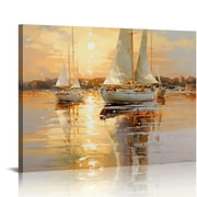 PIKWEEK  Marine Paintings Sailing Boats Wall Art: Sailboat Seaview Canvas Artwork with Golden Foil Embellishment Ocean Decorations for office