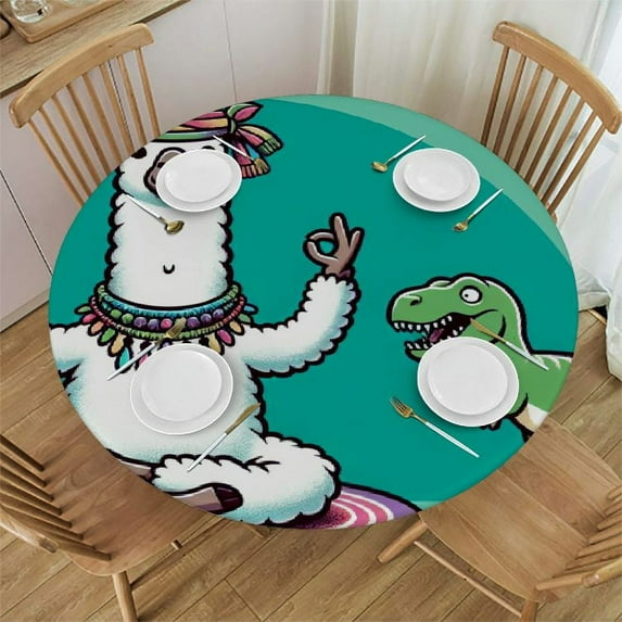 PIKWEEK Meditating Animals Sloth Llama Flamingo Round Fitted Tablecloth Elastic Edge Waterproof Oil-Proof Table Cover Stain-Resistant Table Cloth Fits Round Tables
