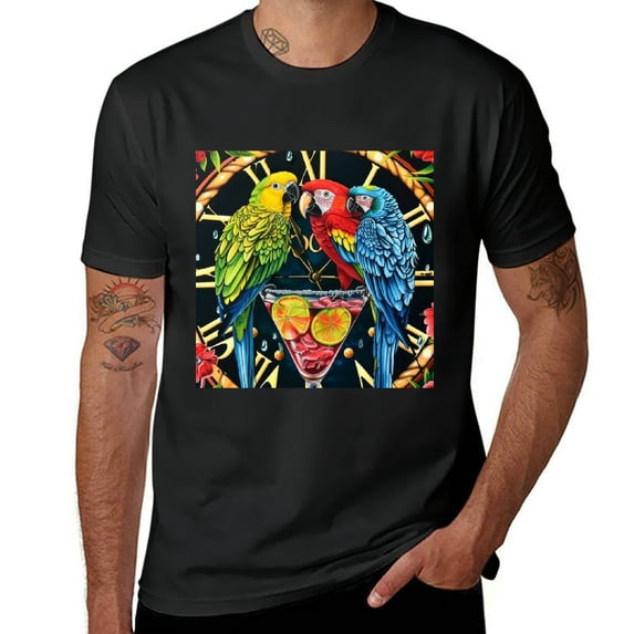 PIKWEEK Men's and women's casual short sleeved retro parrot family T-shirt with parrot pattern clothing