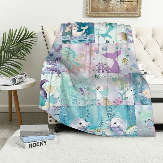 PIKWEEK Mermaid Throw Blanket for Girls, Cozy Cute Mermaid Theme Fluffy Plush Blanket for Kids, Soft Cute Mermaid Purple Blue Flannel Throw Blanket for Children Teen Women Gift Sofa Bed Couch White