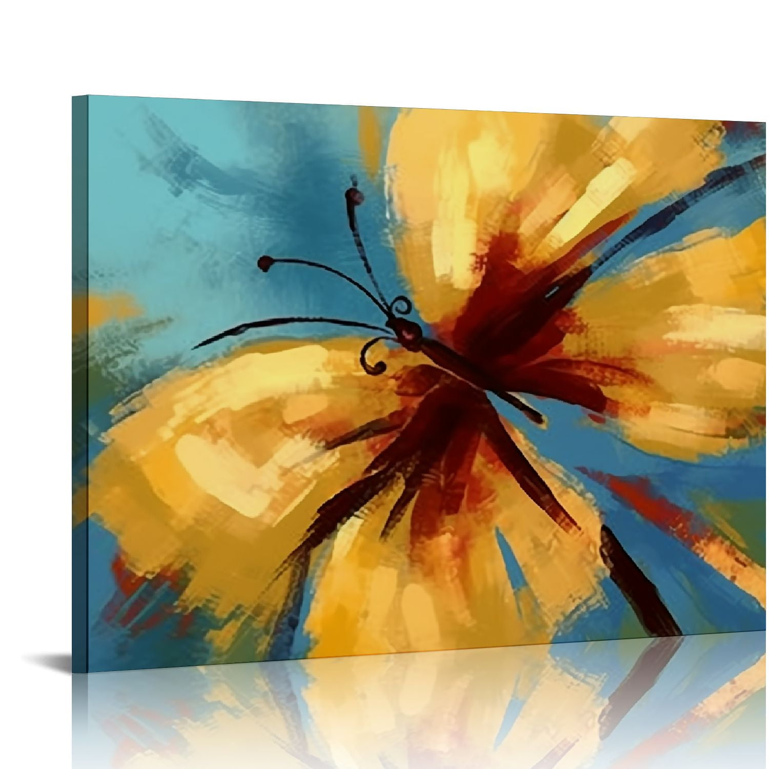 PIKWEEK Modern Canvas Flower Wall Art Abstract Gold Butterfly Blue ...