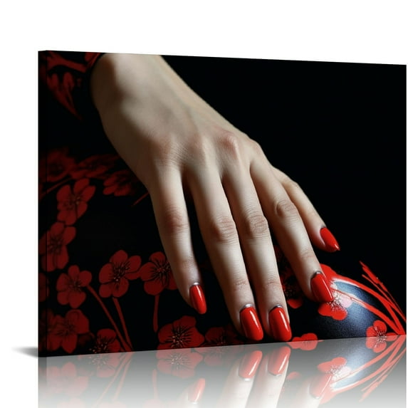 PIKWEEK Modern Fashion Women Art Print Red Lip and Nail Canvas Prints Stylish Feminine Framed Wall Art Painting Make Up Artwork for Beauty Salon Girls Bedroom Bathroom Decoration