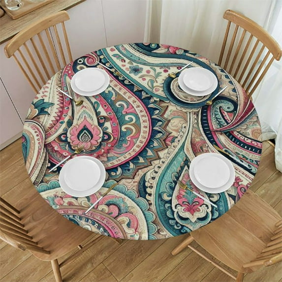 PIKWEEK Motif Paisley Pattern Round Fitted Tablecloth Elastic Edge Waterproof Oil-Proof Table Cover Stain-Resistant Table Cloth Fits Round Tables