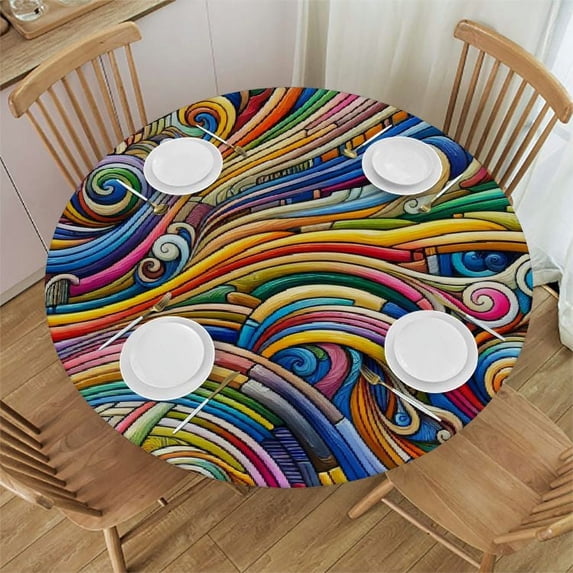 PIKWEEK  Multicolor Round Fitted Tablecloth with Elastic Edged Colored Art Wave Like Symmetrical Shapes Table Cloth ​ Round Dining Table Covers for Kitchen Picnic Party Fits up  Tables