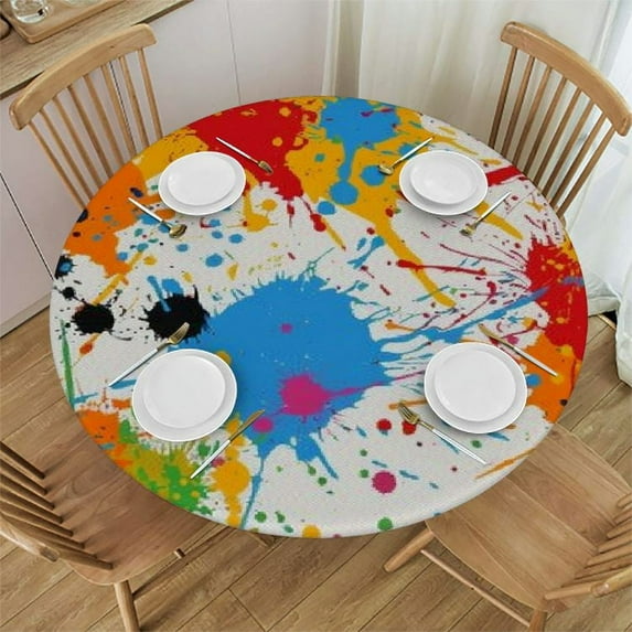 PIKWEEK Multicolored Spots Fitted Round Tablecloth with Elastic Edge Waterproof Table Cover Splash Table Cloths Modern Tables Decoration for Dining Table,Picnic,Party