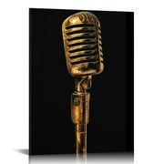 PIKWEEK  Music Artistic Paintings Rustic Wall Art Gold Microphone Picture Canvas Giclee Print Modern Artwork for Living Room Bedroom Studio Decor Stretched and Framed Ready to Hang