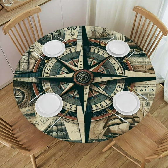 PIKWEEK Nautical Travel Themes Round Fitted Tablecloth Elastic Edge Waterproof Oil-Proof Table Cover Stain-Resistant Table Cloth Fits Round Tables