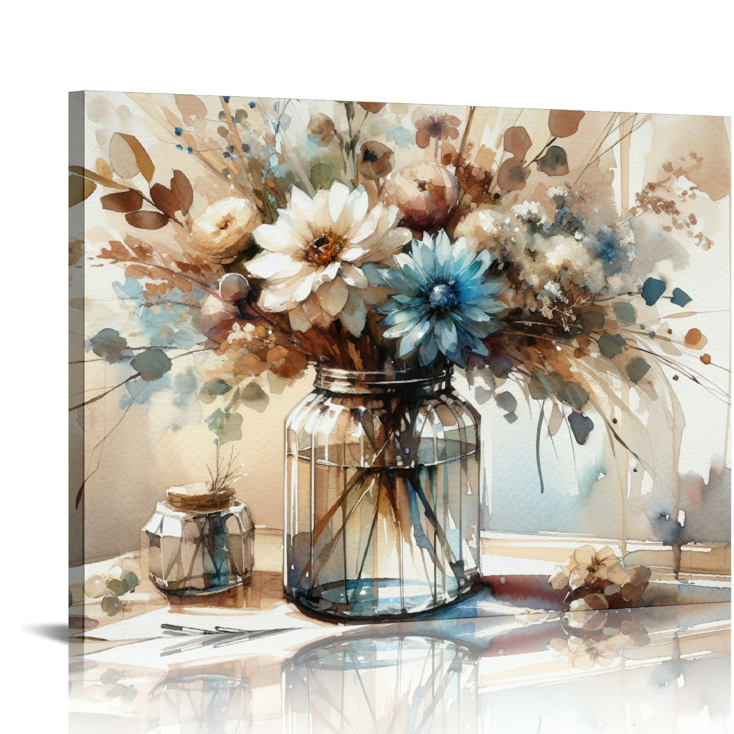 PIKWEEK Navy Blue Flowers Wall Art Gray Blue Floral Well Decor Bottles