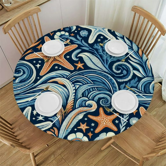 PIKWEEK Ocean Coral Starfish Round Fitted Tablecloth Fitted Table Cloth for Round Table Waterproof Wipeable Round Elastic Table Cloth Circular Table Cover with Elastic Edge