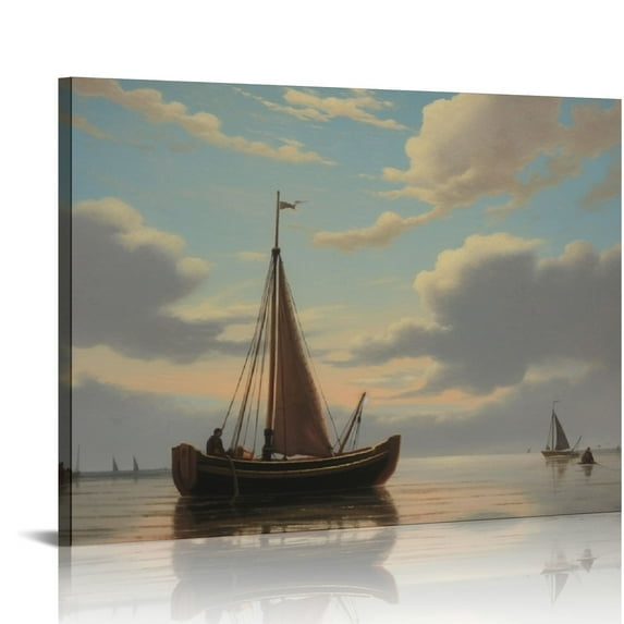 Wuche  Ocean Vintage Wall Art, Calm Sea and Sailboat Retro Painting, Framed Art Decor Aesthetic,Canvas Print Artwork, Landscape Wall Pictures for Bedroom Living Room Kitchen Shelf
