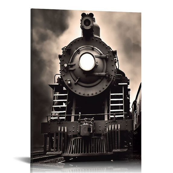 PIKWEEK  Old Train Picture Canvas Art Retro Sepia Brown Steam Train Poster Painting on Canvas Vintage Vehicle Poster for Home Office Living Room Decorations