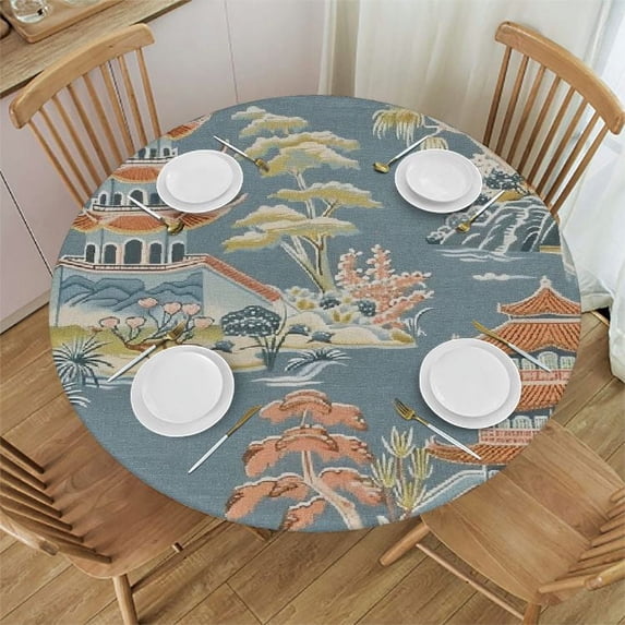 PIKWEEK Oriental Garden Teahouse Gray and Gold Chinoiserie Tablecloth Round Tablecloths Round Table Cover for Circular Table