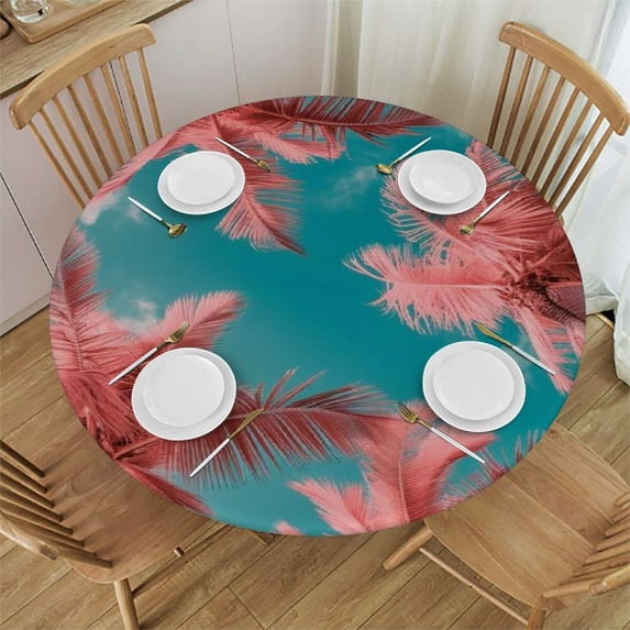 PIKWEEK Outdoor Fitted Palm Leaves Round Tablecloth White