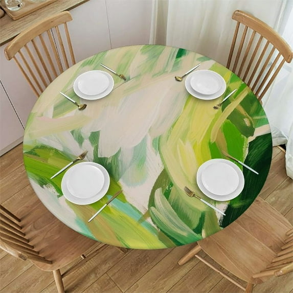 PIKWEEK Outdoor Fitted Round Tablecloth - Palm Leaves Design - Multiple Sizes Available White