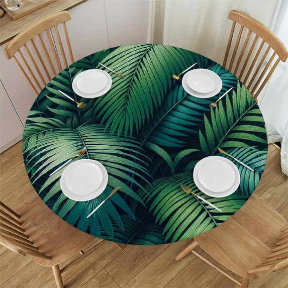 PIKWEEK Outdoor Fitted Round Tablecloth Watercolor Tropical Palm Colorful Illustration White