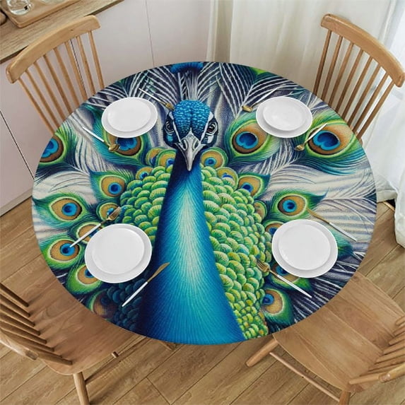 PIKWEEK Outdoor Picnic Camping and Indoor Kitchen Dining Party Round Tablecloth Vintage Blue Elegant Colorful Peacock White