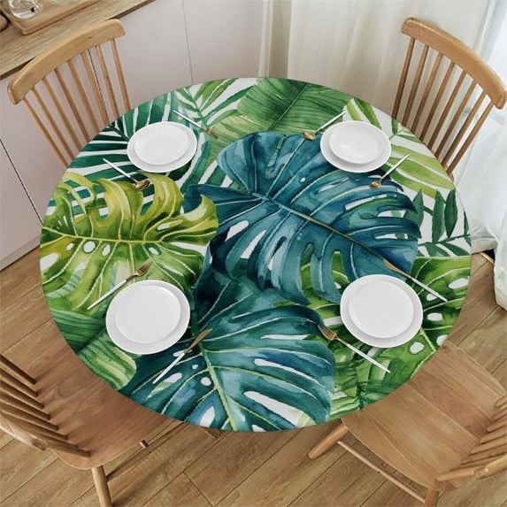 PIKWEEK Palm Leaves Tablecloth, Tropical Jungle Palm Leaves Design, Round Table Cover White