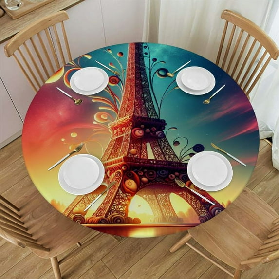 Wuche Paris Tower Flower Round Fitted Tablecloth with Elastic Edge Fitted Table Cloth for Round Table Circular Table Cover Waterproof Wipeable Round Elastic Table Cloth