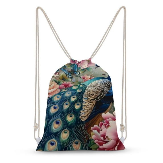 PIKWEEK Peony Peacock Print Drawstring Bag Backpack String Bag Sackpack For Gym Sport available in two sizes 13.7*19.6 in