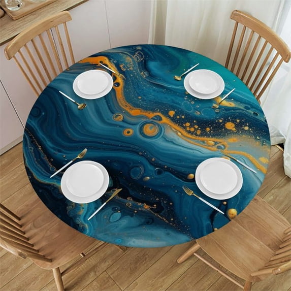 PIKWEEK Picnic Dining Kitchen Farmhouse Round Tablecloth Gold and Blue Abstract Art White