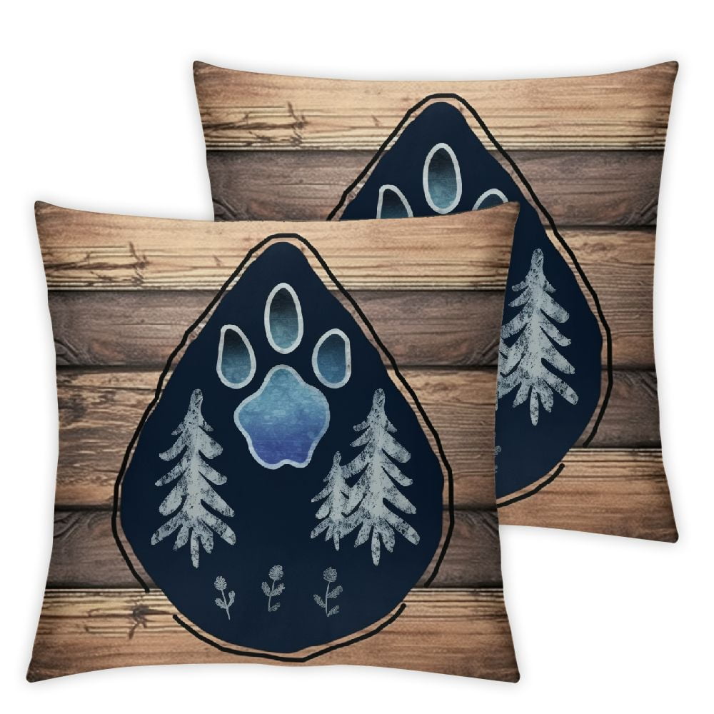 PIKWEEK Pillow Covers Dog Paw Printed with Rustic Wood Grain Decorative