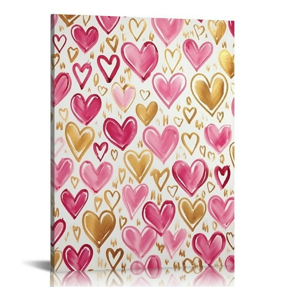 PIKWEEK Pink And Gold Canvas Wall Art Heart Artwork Pink Aesthetic Posters Abstract Love Paintings Colorful Heart Prints Funky Heart Picture Pink Artwork Preppy Pink And Gold Wall Art Decor