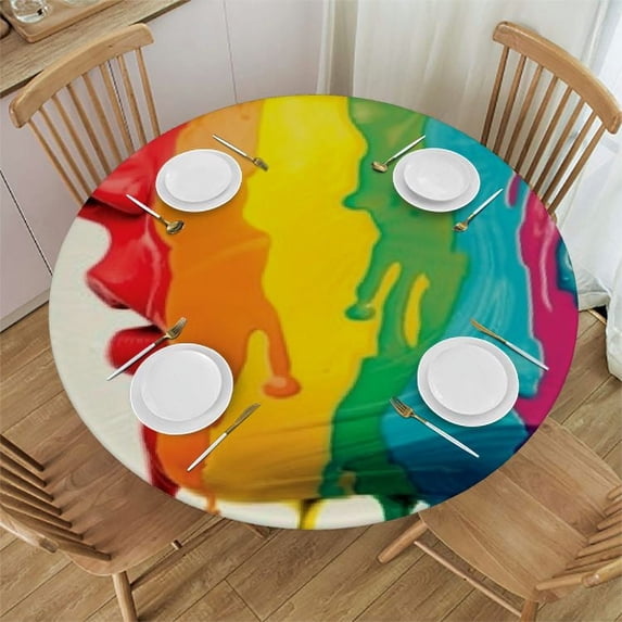PIKWEEK Rainbow Colored Paint Leaking Drops Creative Graphic Design Washable Tablecloth for Home Kitchen Outdoor Decoration White