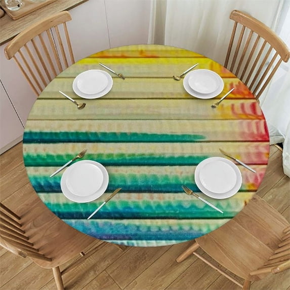 PIKWEEK Rainbow Multicolor Round Fitted Tablecloth Horizontal Colored Stripes Waterproof Wipeable Round Table Cover for Indoor Patio Use Medieval Tables