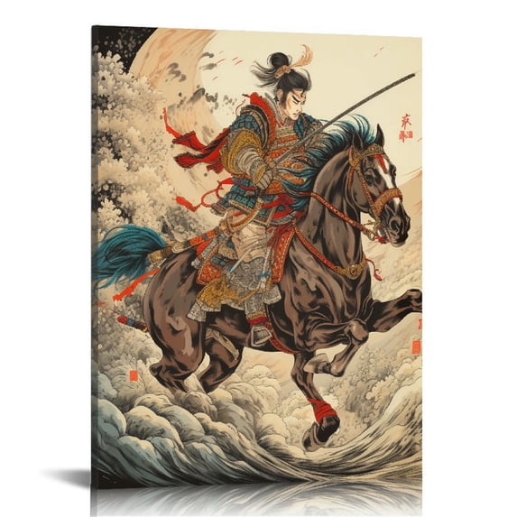 Wuche  Red Black Ancient Japan Warrior and Fuji Mountain Scroll Painting Samurai Canvas Wall Art Print Poster Ready To Hang Vintage Style Artwork Home Decor
