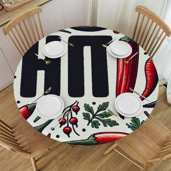 Wuche Red Chili Peppers Round Fitted Tablecloth Elastic Edge Waterproof Oil-Proof Table Cover Stain-Resistant Table Cloth Fits Round Tables