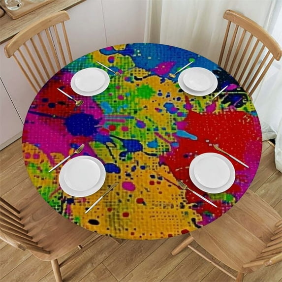 PIKWEEK Red Splatter Splattered Paint Abstract Ink Resembling Wet Blue Brush Fun Pattern Finger Modern Cyan Waterproof Resistant Fabric Round Tablecloth White