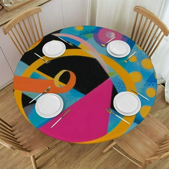 PIKWEEK Retro 80s 90s Fitted Round Tablecloth with Elastic Edge Waterproof Table Cover Geometric Table Cloths Modern Tables Decoration for Dining Table,Picnic,Party
