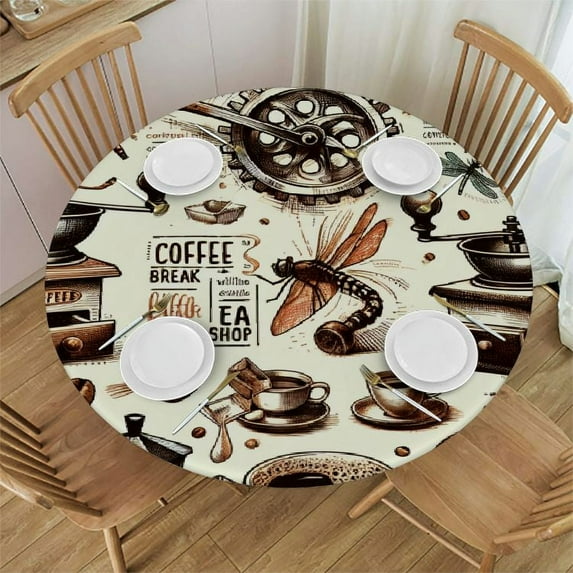 Wuche Retro Coffee Theme Round Fitted Tablecloth Elastic Edge Waterproof Oil-Proof Table Cover Stain-Resistant Table Cloth Fits Round Tables