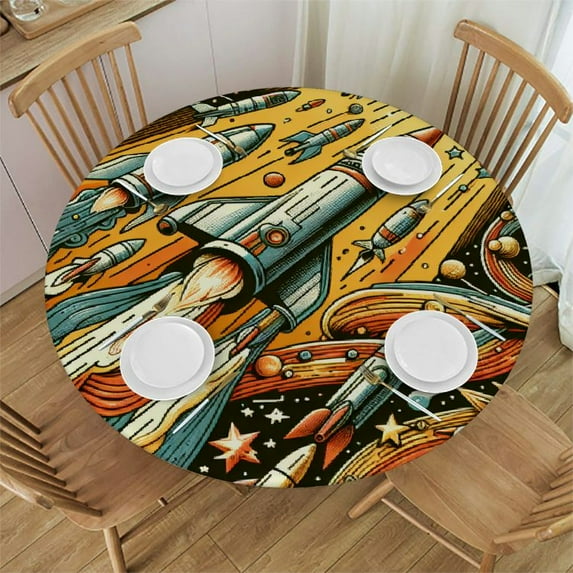 PIKWEEK Rocket Space Planet Round Fitted Tablecloth with Elastic Edge Fitted Table Cloth for Round Table Circular Table Cover Waterproof Wipeable Round Elastic Table Cloth
