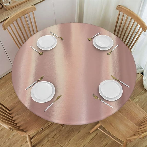 PIKWEEK Rose Gold Textured Metal, Elastic Fitted Edged Round Tablecloth Waterproof Anti-Shrink Soft Polyester Table Cloth Washable Table Cover for Banquet Home Indoor or Outdoor White
