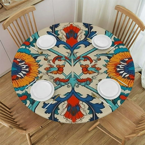 PIKWEEK Round Edge Closing Tablecloth, Arabesque Elastic Edged Tablecloth, Traditional Middle East Floral Classic Bohemian, Fit Round Tables Diameter, for Dining Room/Party/Banquet Decoration White
