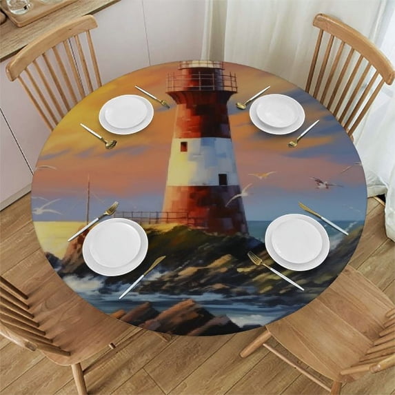 Wuche Round Fitted Tablecloth Art Painting Nautical Lighthouse Table Cloth with Elastic Edged Waterproof Wipeable Round Table Cover for Patio Parties Outdoor Decor White