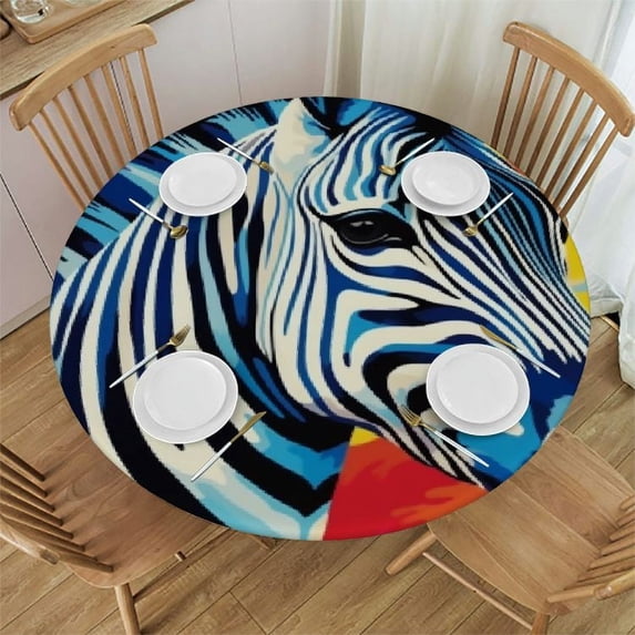 PIKWEEK Round Fitted Tablecloth Art Painting Zebra Animal Print Colorful Table Cloth with Elastic Edged Waterproof Wipeable Round Table Cover for Patio Parties Outdoor Decor White