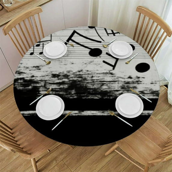 PIKWEEK Round Fitted Tablecloth Art Piano Keys Music Note Table Cloth with Elastic Edged Waterproof Wipeable Round Table Cover for Patio Parties Outdoor Decor White