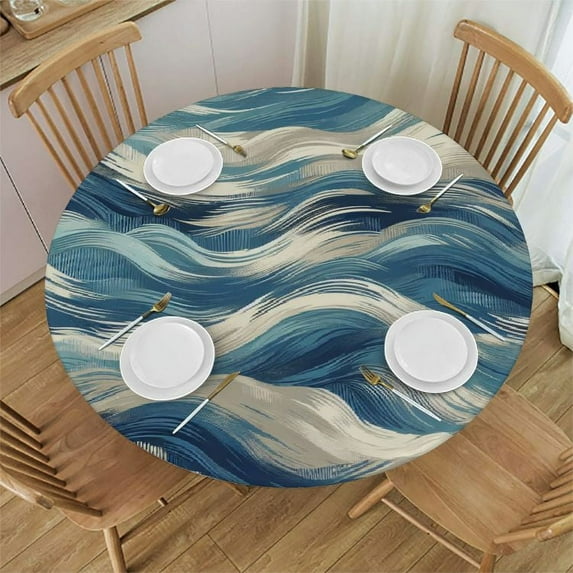 PIKWEEK Round Fitted Tablecloth Blue White Stripes Round Table Cloth with Elastic Edged Modern Style Waterproof Wipeable Table Cover