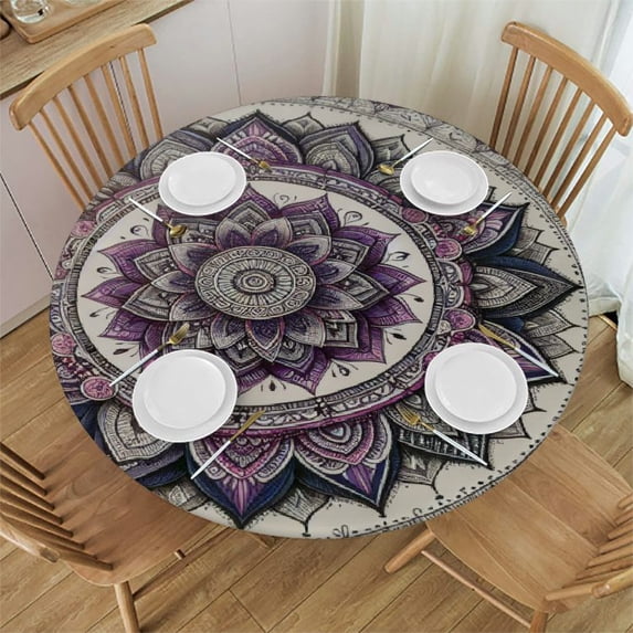 PIKWEEK Round Fitted Tablecloth Boho Ethnic Flower Round Table Cloth with Elastic Edged Purple Waterproof Wipeable Table Cover
