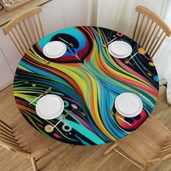 PIKWEEK Round Fitted Tablecloth Coloful Peacock Bird Feather Table Cloth with Elastic Edged Waterproof Wipeable Round Table Cover for Patio Parties Outdoor Decor