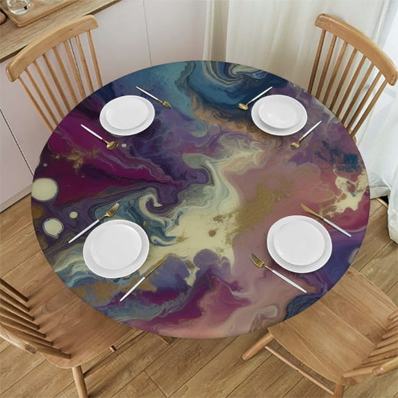 PIKWEEK Round Fitted Tablecloth Colored Marble Pattern Round Table Cloth with Elastic Edged Violet Cyan Blue Waterproof Wipeable Table Cover