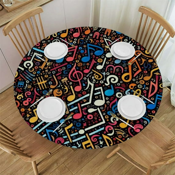 PIKWEEK Round Fitted Tablecloth Colorful Music Note Round Table Cloth with Elastic Edged Black Waterproof Wipeable Table Cover