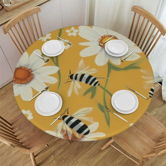 PIKWEEK Round Fitted Tablecloth Cute Bee Daisy Flower Animal Yellow Table Cloth with Elastic Edged Waterproof Wipeable Round Table Cover for Patio Parties Outdoor Decor