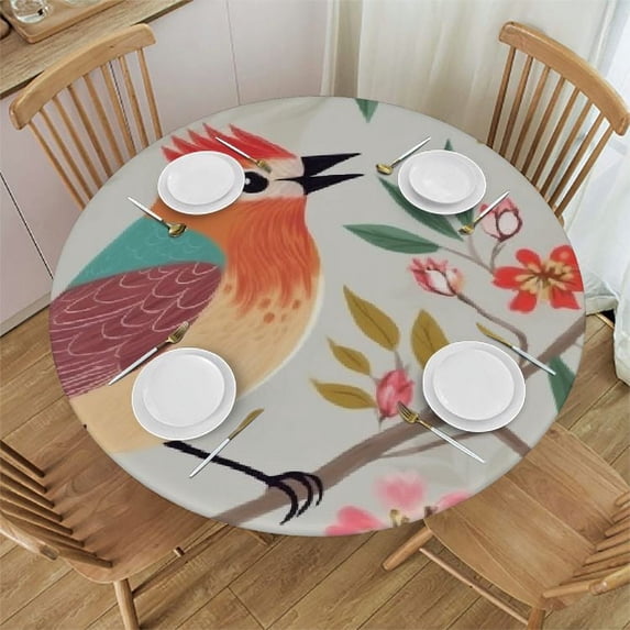 Wuche Round Fitted Tablecloth Cute Birds Flower Floral Leaves Table Cloth with Elastic Edged Waterproof Wipeable Round Table Cover for Patio Parties Outdoor Decor White