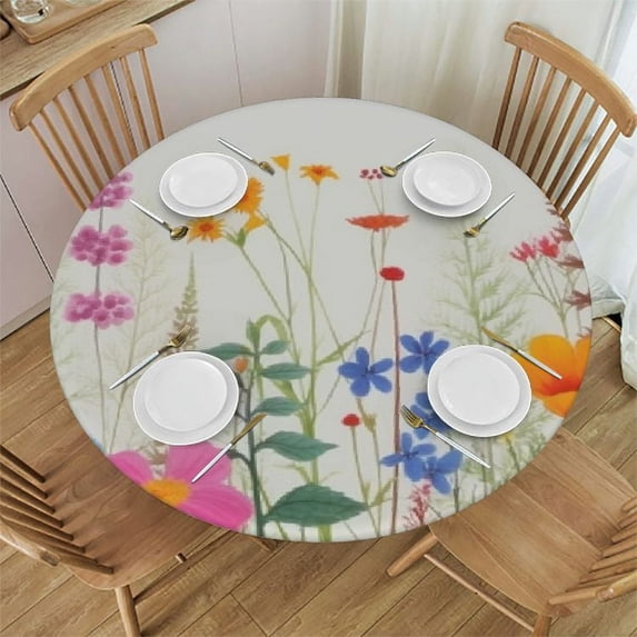 PIKWEEK Round Fitted Tablecloth Cute Flower Floral Leaves Herb Table Cloth with Elastic Edged Waterproof Wipeable Round Table Cover for Patio Parties Outdoor Decor White