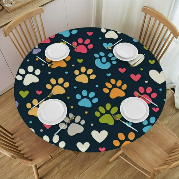 Wuche Round Fitted Tablecloth Dog Paw Print Round Table Cloth with Elastic Edged Animal Footprint Waterproof Wipeable Table Cover