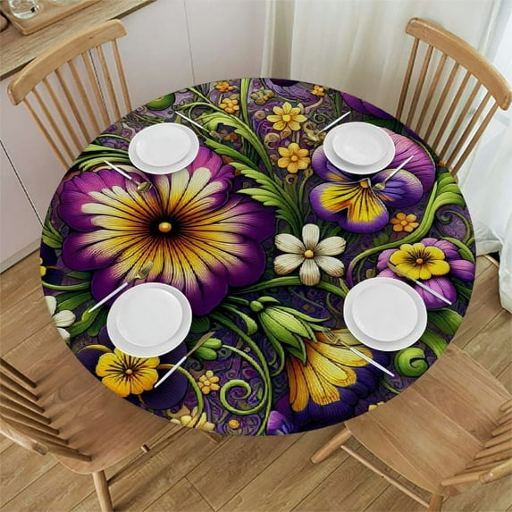 Wuche Round Fitted Tablecloth Elastic Edged Table Cover,Halloween Purple Pumpkin Ghost Face Waterproof Wipeable Table Cloths for Kitchen Dining Party Tables,Watercolor Floral Leaf on White